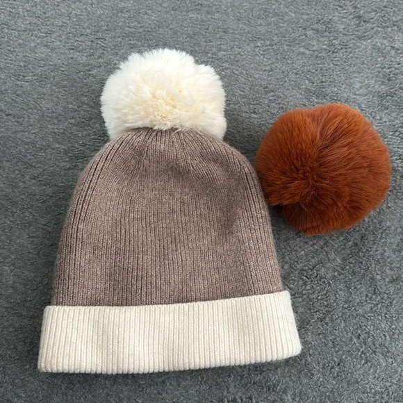 Brown and Cream Pom-Pom Knit Hat - Picture 2 of 3